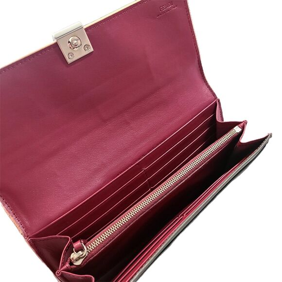 Fendi (Authentic) Gray Leather FF Baguette Long Fold-over Wallet w/ Pink Trim - Picture 6 of 12